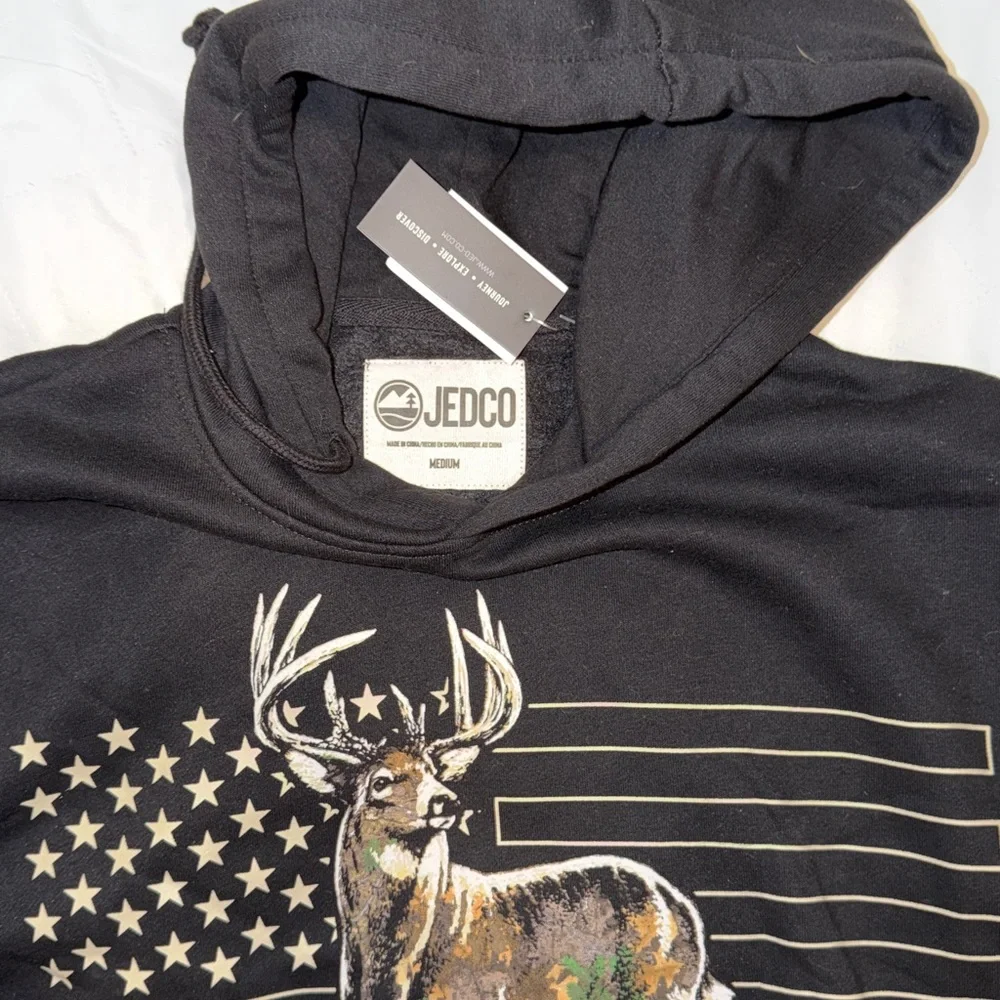 Black Hoodie with Deer and Flag Design - Picture 2 of 2